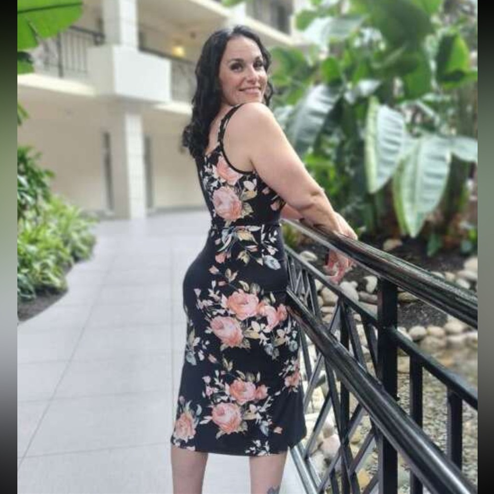 Black Floral Pencil Midi Dress Slim Sheath - Picture 9 of 15